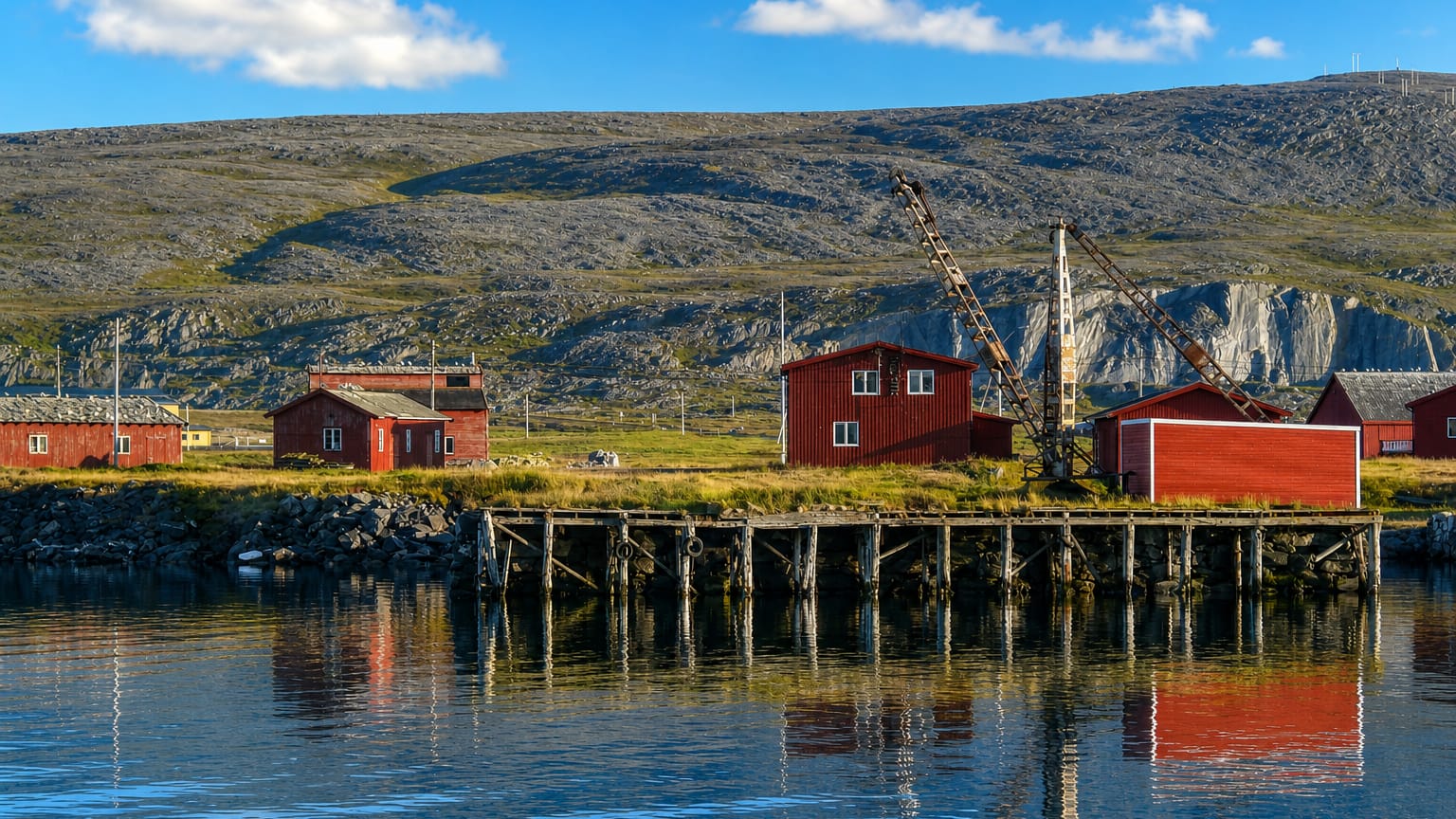 Berlevåg, Norway, red waterfront buildings and an old wharf crane below barren tundra hills in Finnmark.