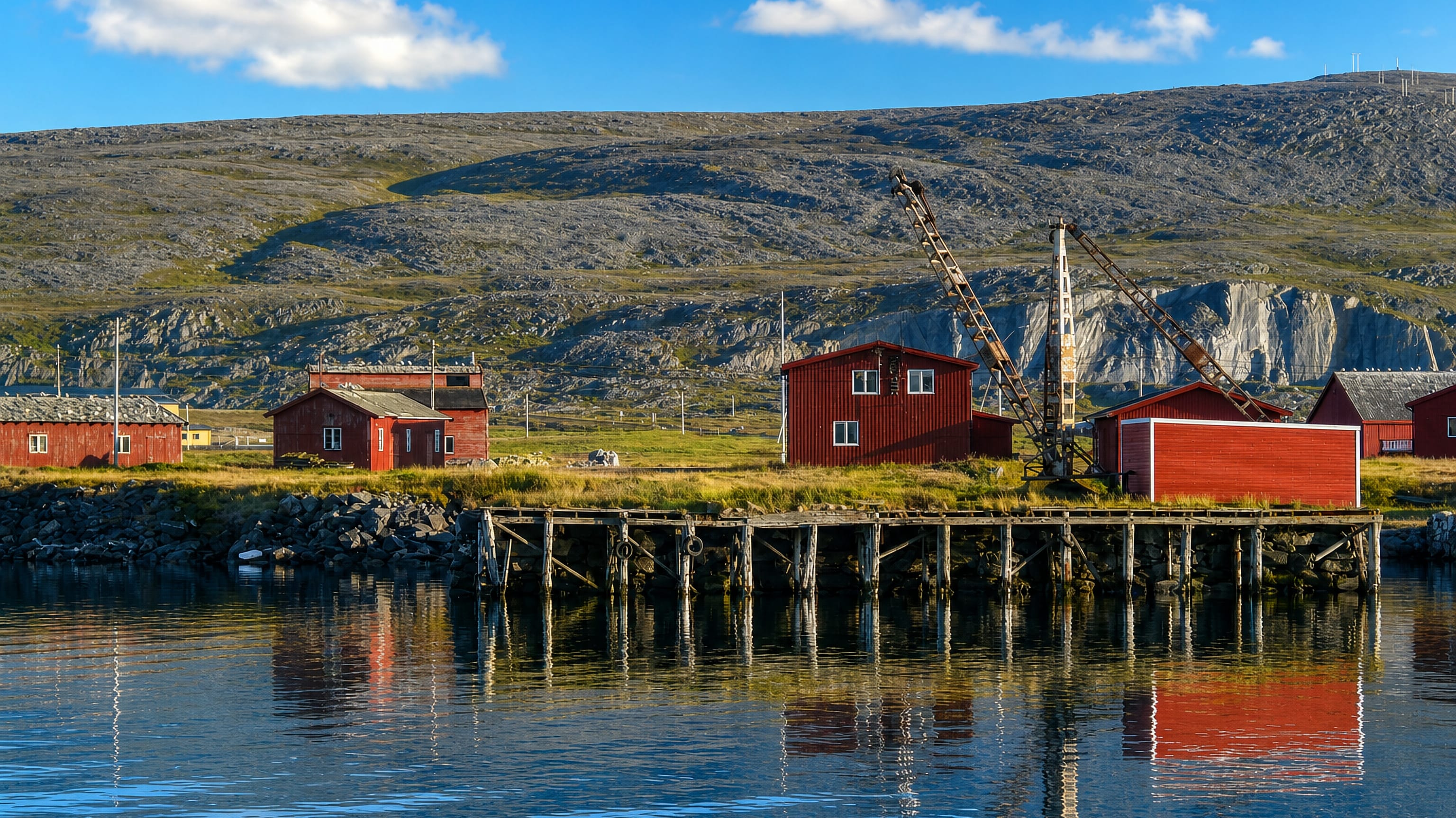 Berlevåg, Norway, red waterfront buildings and an old wharf crane below barren tundra hills in Finnmark.