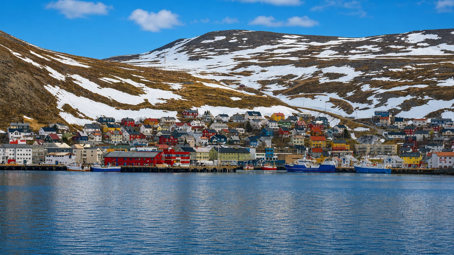 Honningsvag's colorful harbor houses and fishing boats below a snow-patched Arctic hill in Finnmark, Norway