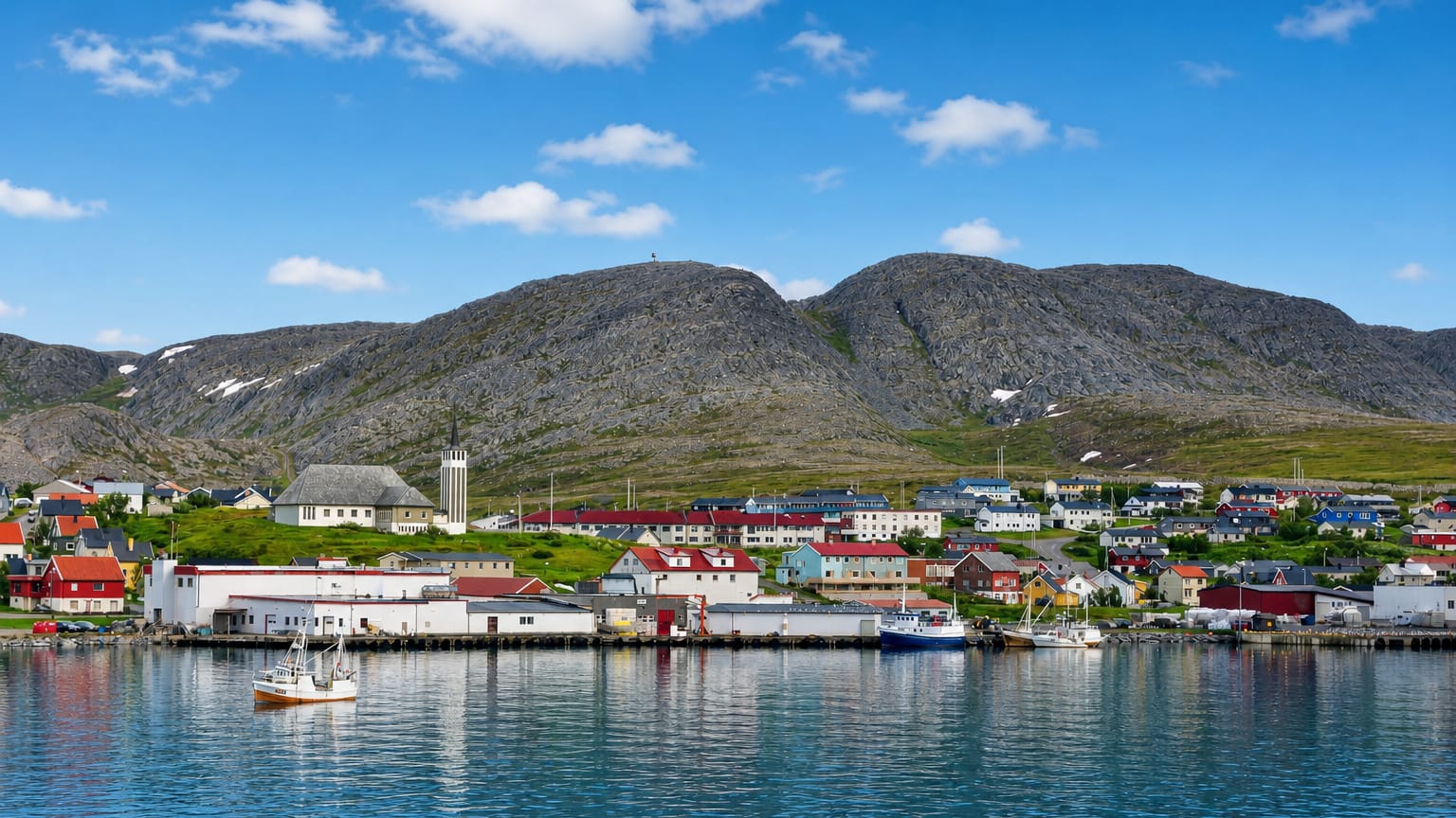 Colourful houses and fishing boats of Mehamn, Norway, along the harbour below bare Arctic mountains