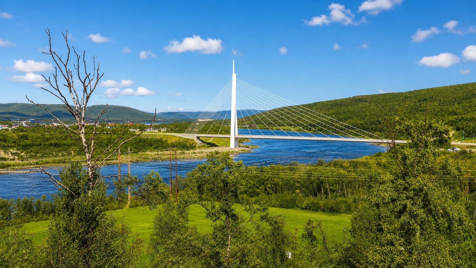 White cable-stayed bridge spanning the Tana River amid green hills at Tana Bru, Finnmark, Norway