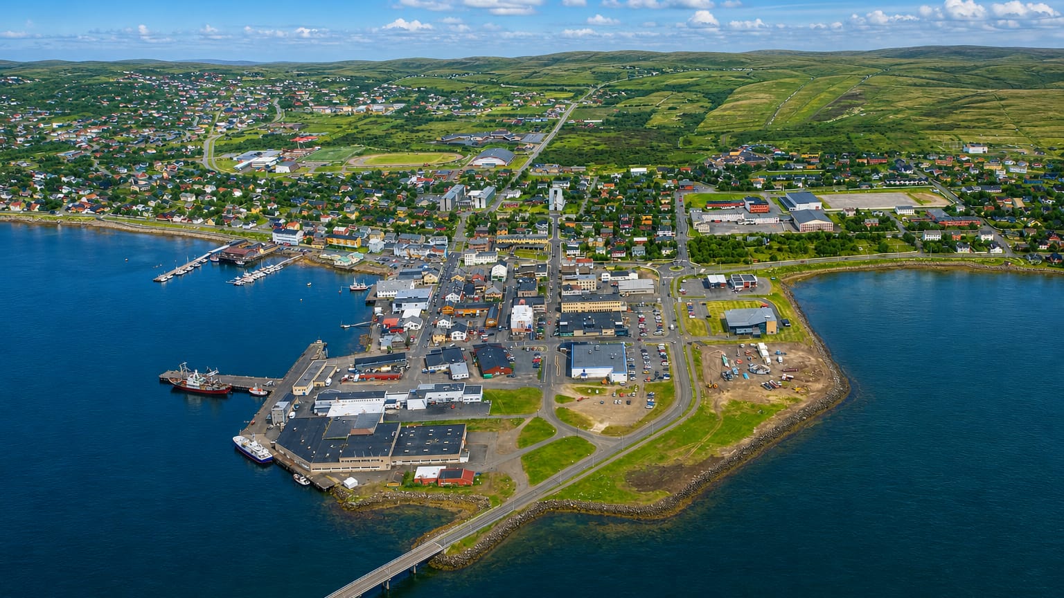 Aerial view of Vadso on its harbor peninsula with the Vadsoya bridge and Finnmark hills, Norway.
