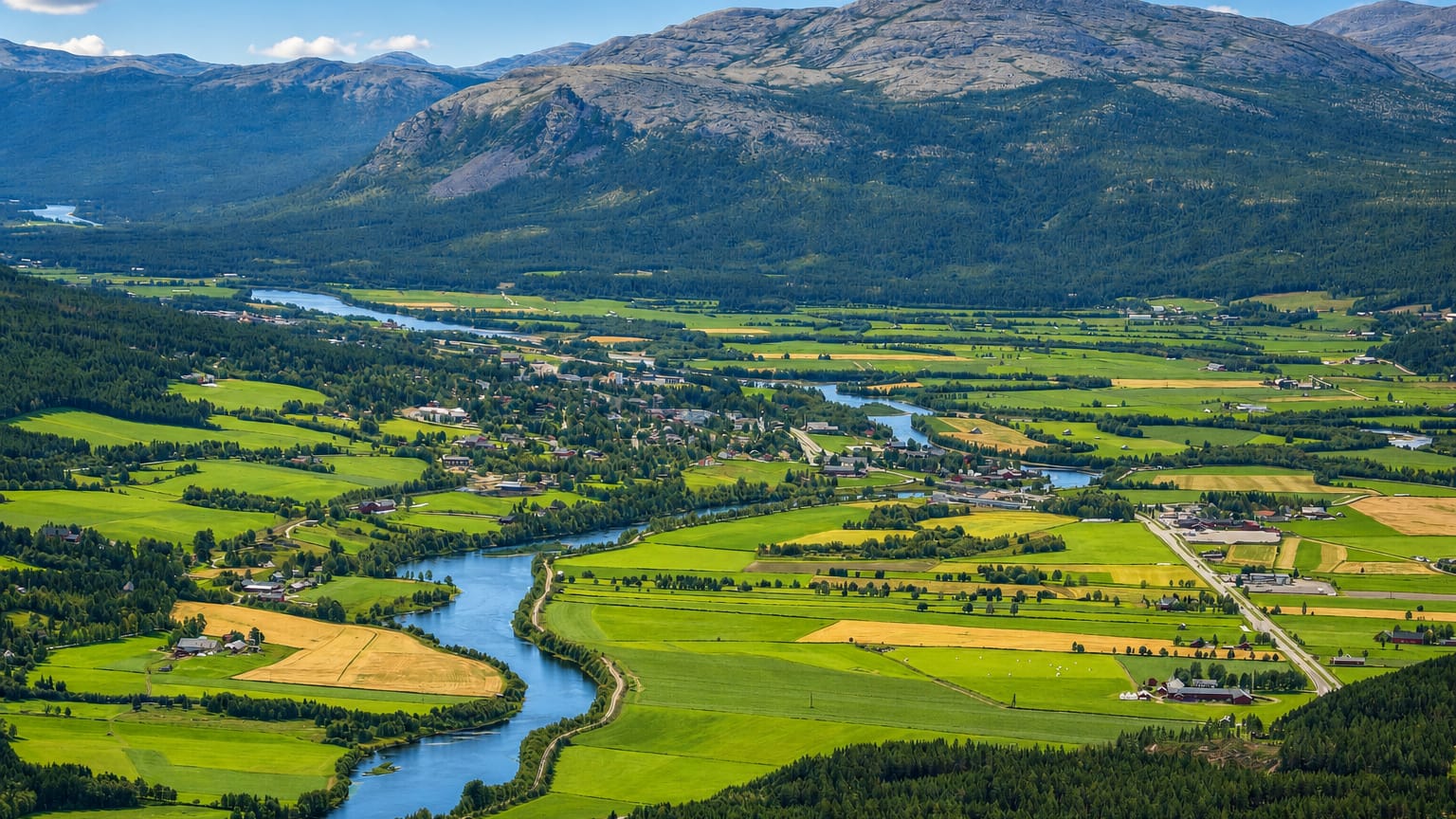 Aerial view of Alvdal, Norway, with the Glomma river winding through green farmland below forested mountains
