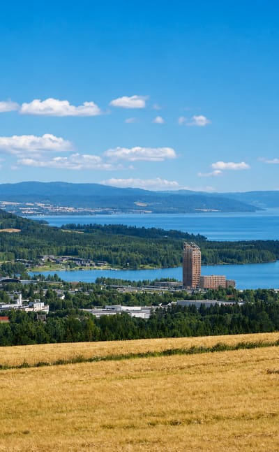 Brumunddal townscape with the Mjøstårnet timber tower on the shore of Lake Mjøsa, golden fields in the foreground.