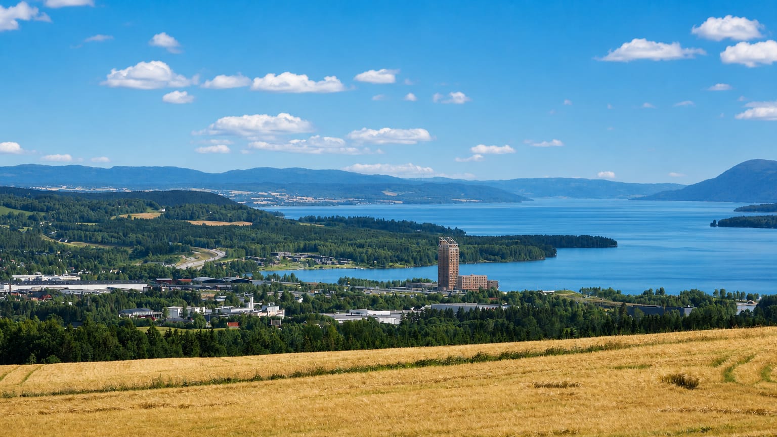 Brumunddal townscape with the Mjøstårnet timber tower on the shore of Lake Mjøsa, golden fields in the foreground.