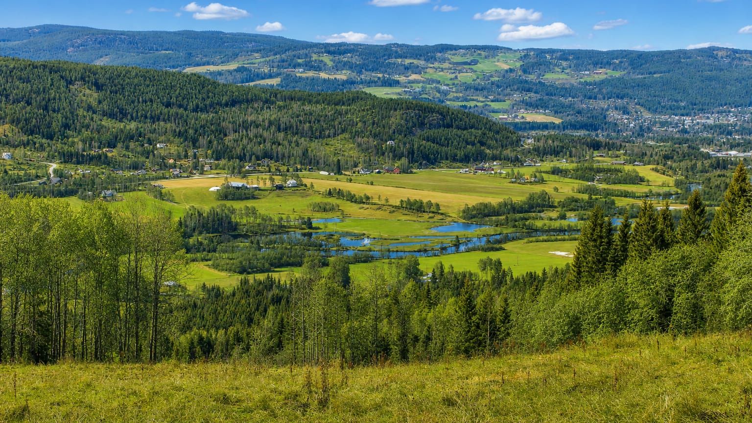 Green valley with farmland and a winding river below forested hills near Dokka in Innlandet, Norway, under a blue sky.