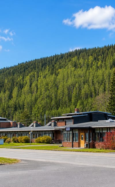 Low-rise village-centre buildings at the foot of a forested hillside in Engerdal, Norway.