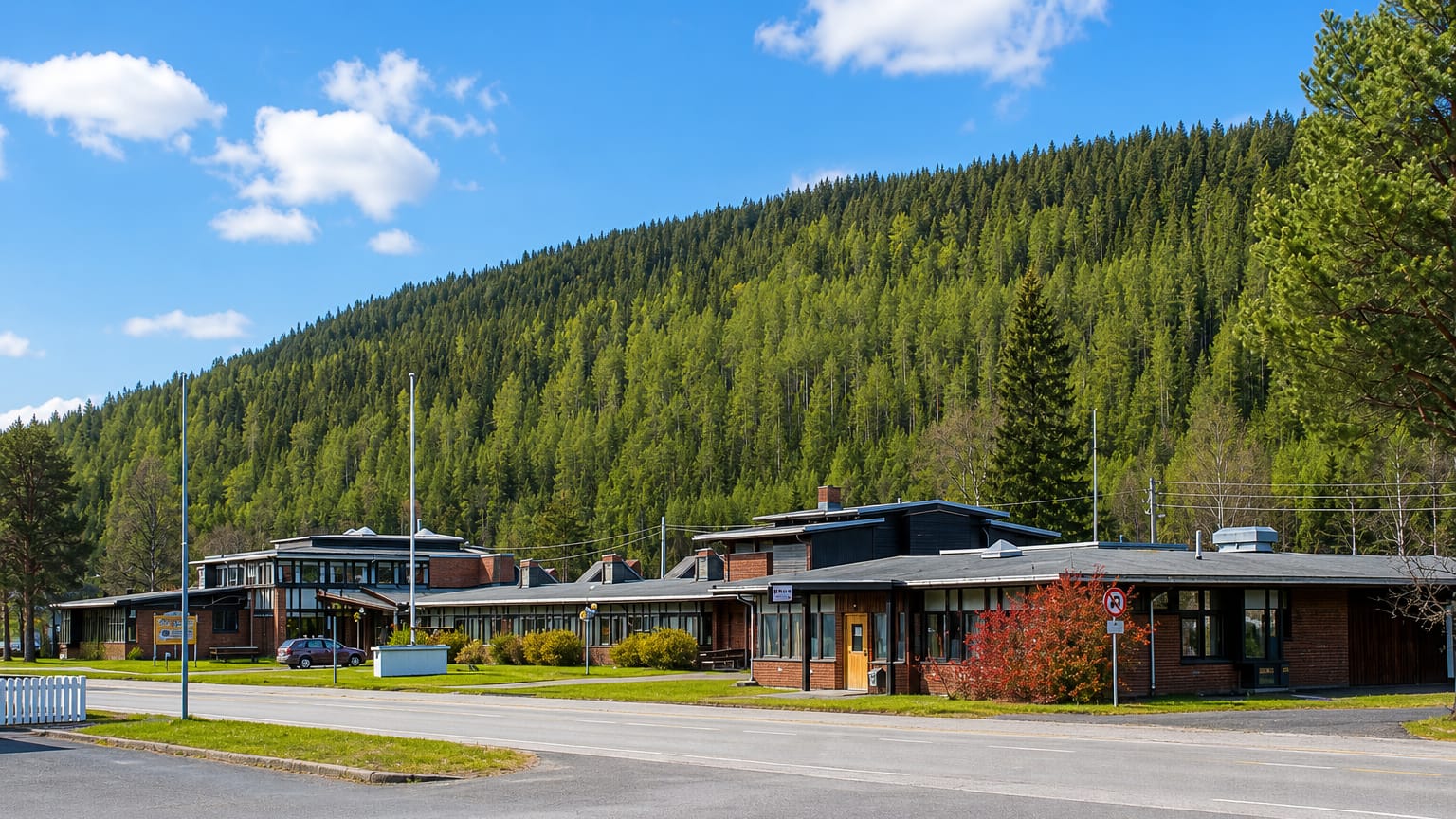 Low-rise village-centre buildings at the foot of a forested hillside in Engerdal, Norway.