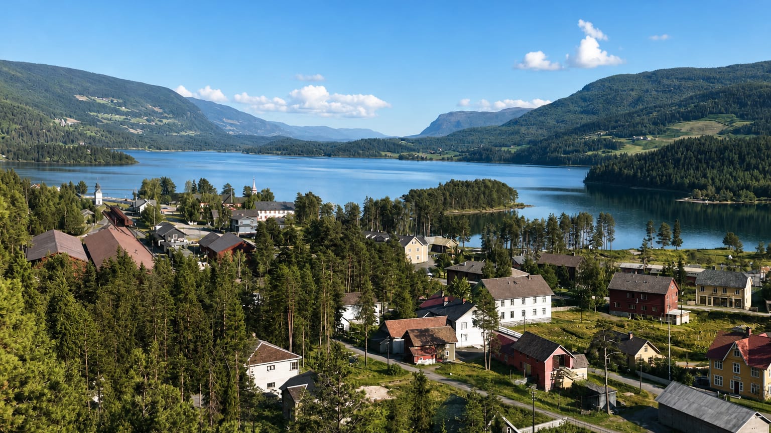 Fagernes, Norway, a lakeside town of traditional houses and a white church by Strondafjorden, ringed by forested mountains