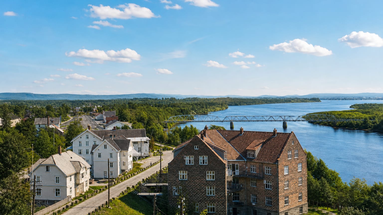 Flisa townscape on the Glomma river with white wooden houses, a truss bridge and forested Innlandet hills under a blue summer sky.