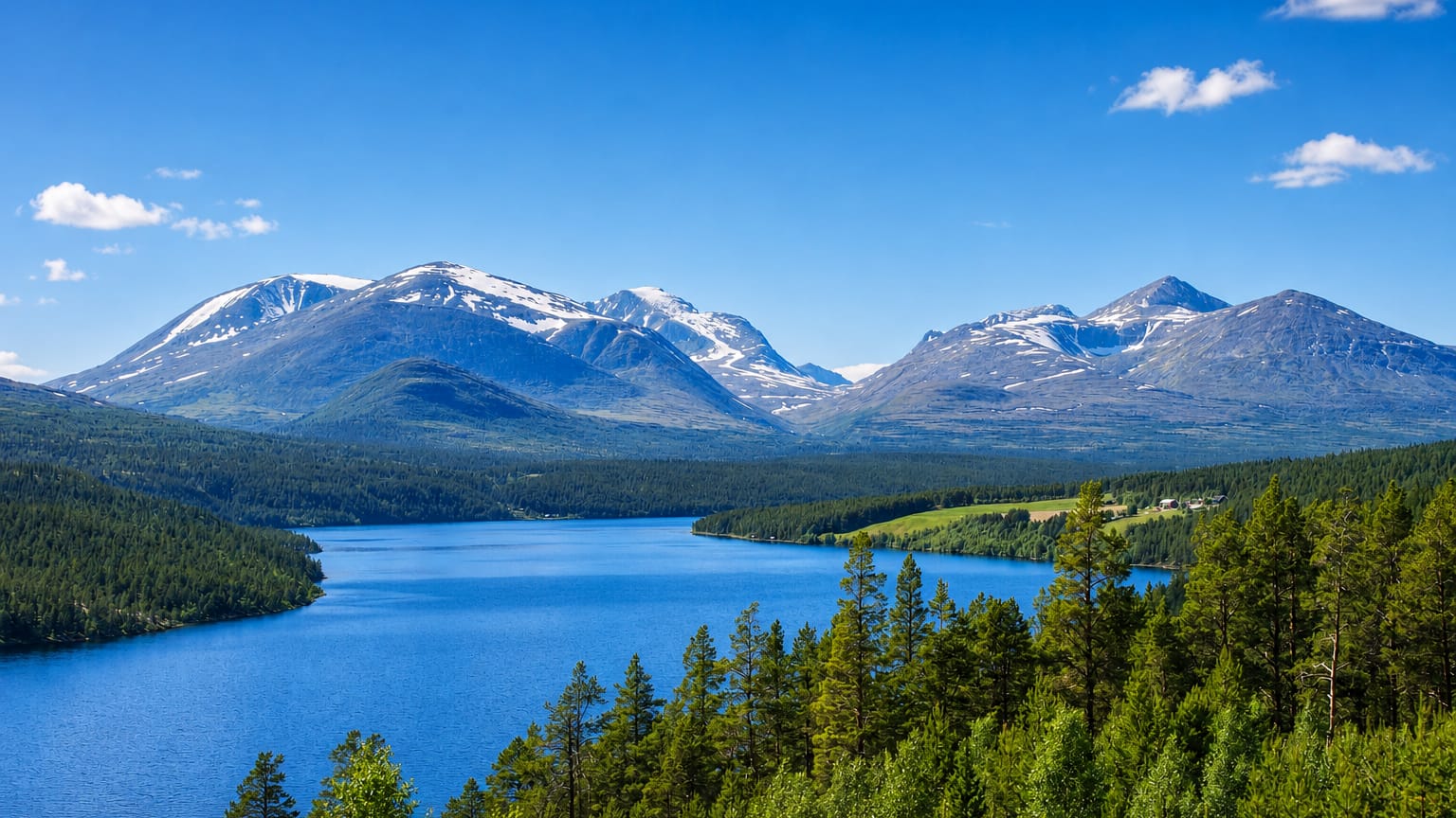 Snow-capped Rondane peaks rising above a forested blue lake near Folldal, Norway.