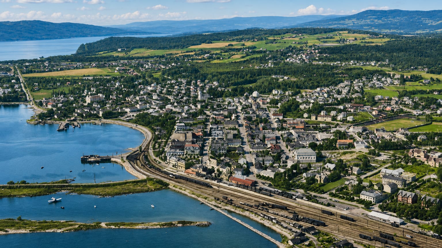 Aerial view of Hamar, Norway, the lakeside town and its waterfront railway yards along Lake Mjøsa under a blue sky
