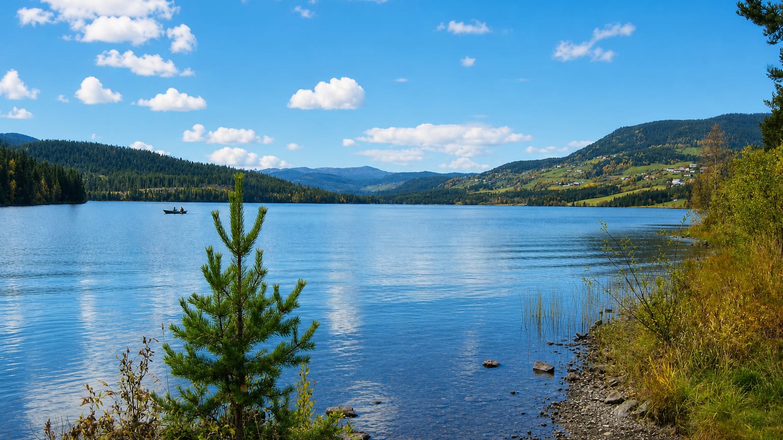 Calm blue lake ringed by forested hills and distant mountains at Heggenes, Norway, with a small boat and autumn shoreline.