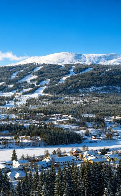 Snow-covered Innbygda in Trysil below the forested ski slopes of Trysilfjellet under a bright winter sky, Norway.