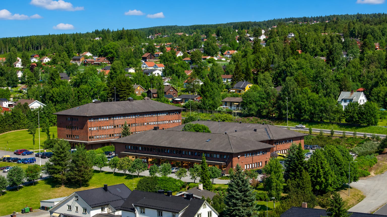 Aerial view of brick civic buildings and houses among green forest in Jaren, Innlandet, Norway