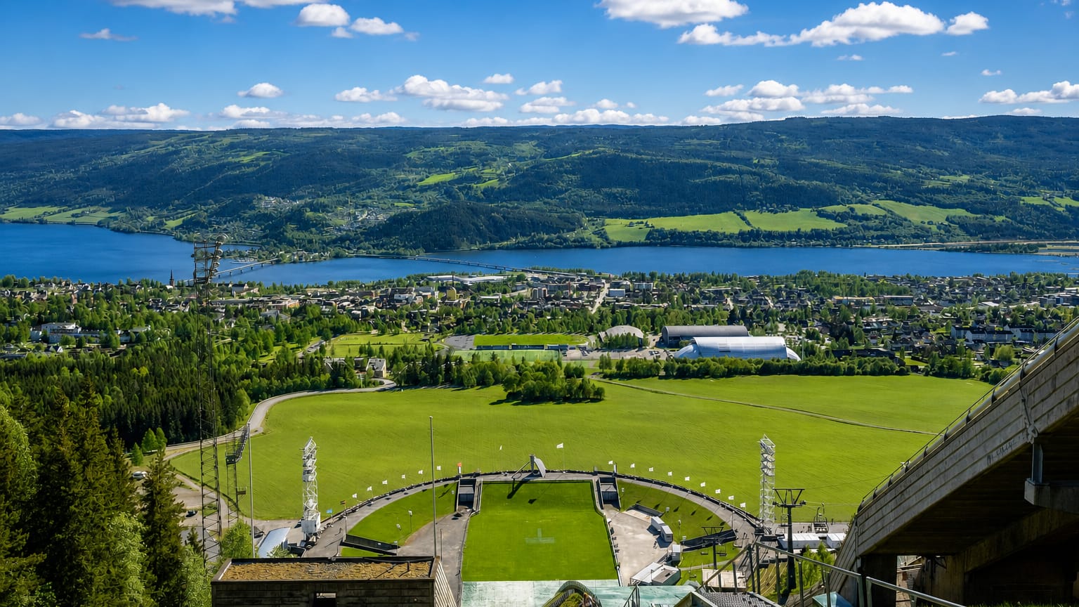 Elevated view over Lillehammer, Lake Mjosa and the Olympic ski-jump stadium in the foreground, Norway