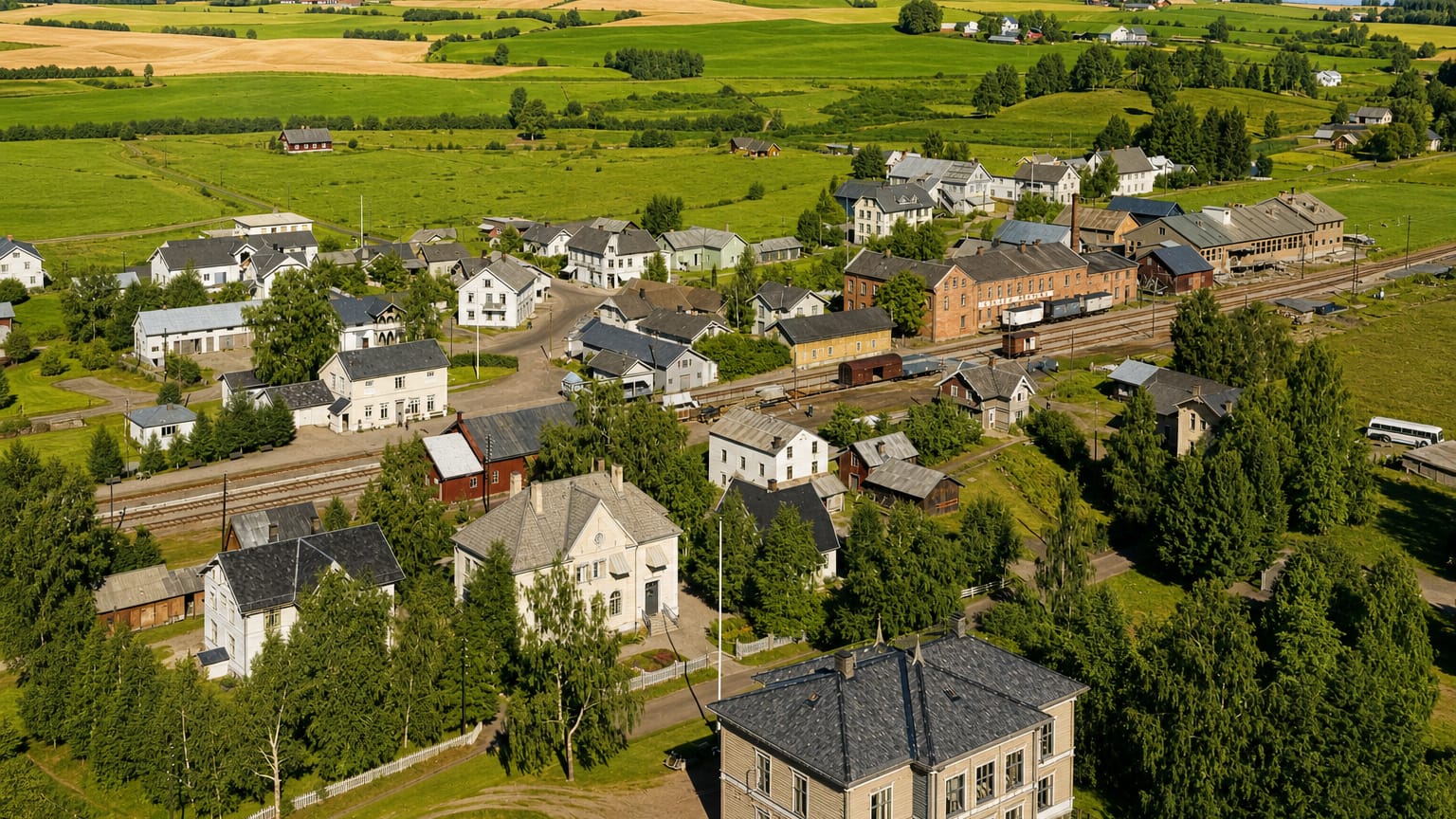 Aerial view of Løten village in Innlandet, Norway, with white and red wooden houses, a railway line and green farmland.