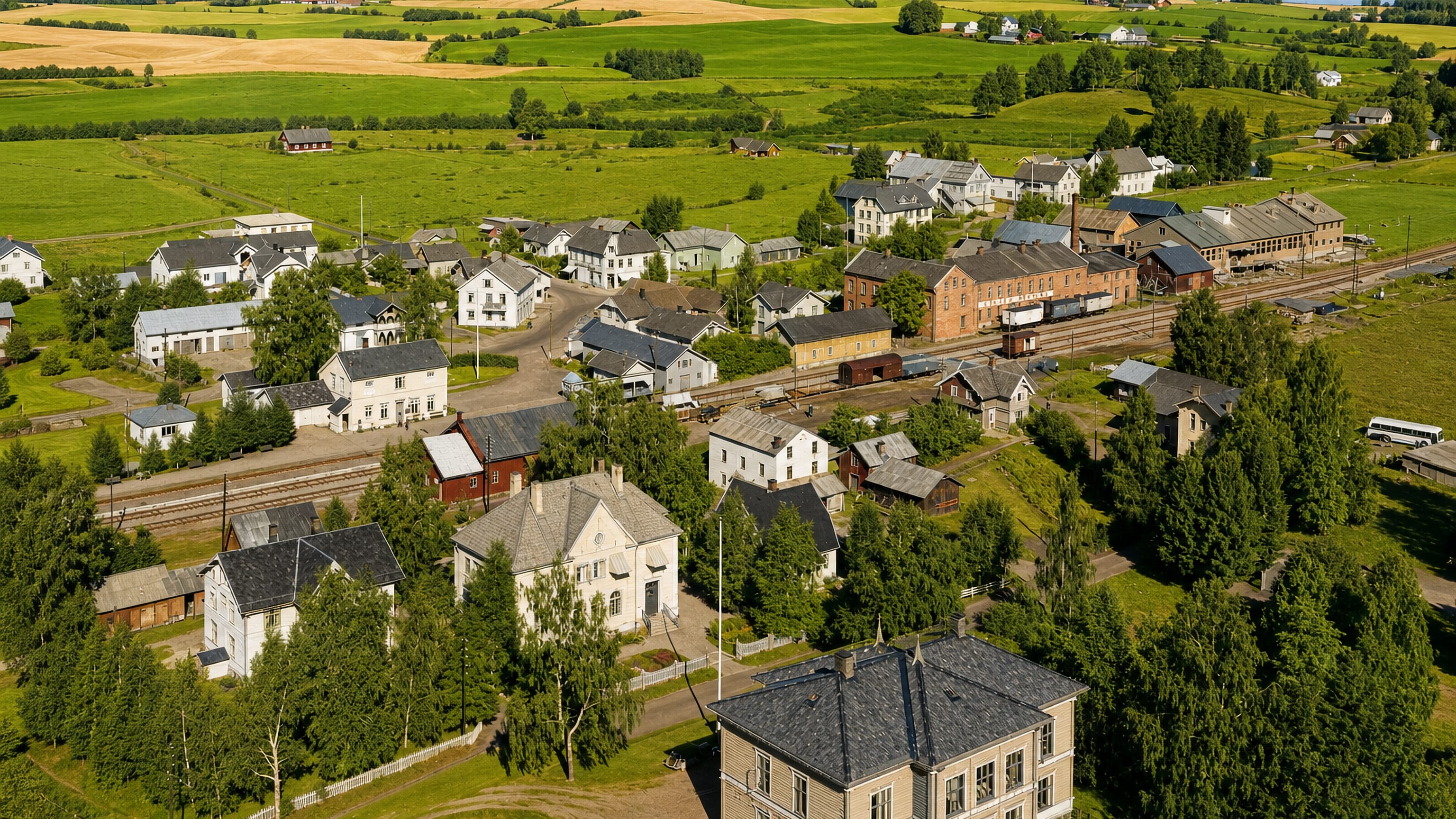 Aerial view of Løten village in Innlandet, Norway, with white and red wooden houses, a railway line and green farmland.