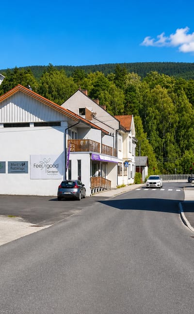 White timber houses and shop signs along a village street with a Norwegian flag in Ringebu, Norway