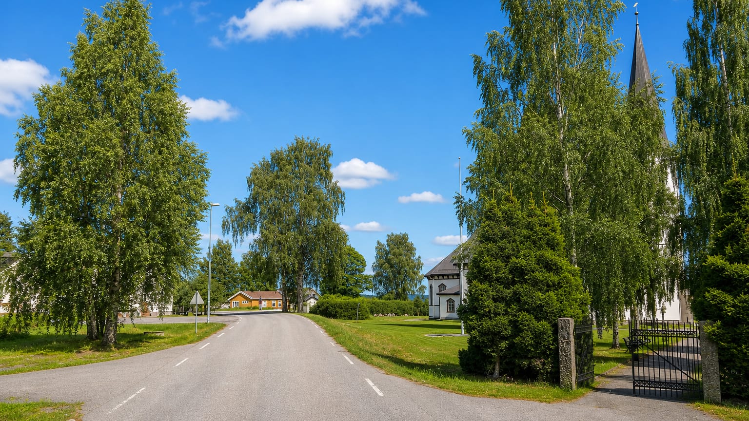 A village road passing the white spired church at Sand in Nord-Odal, Innlandet, Norway.