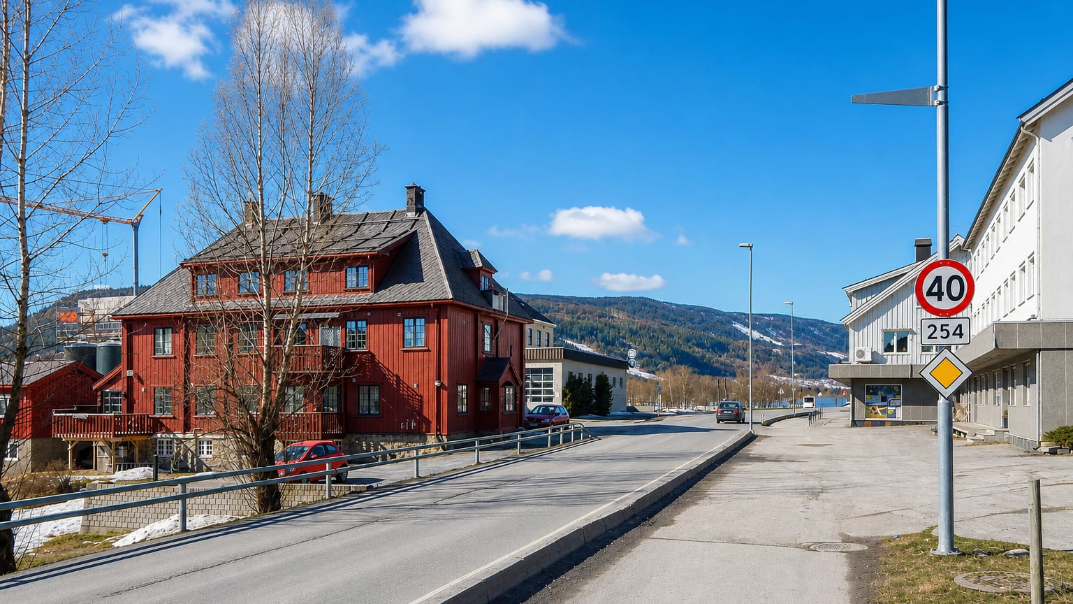 Red wooden building along the main street of Segalstad bru with a road sign and wooded hills behind