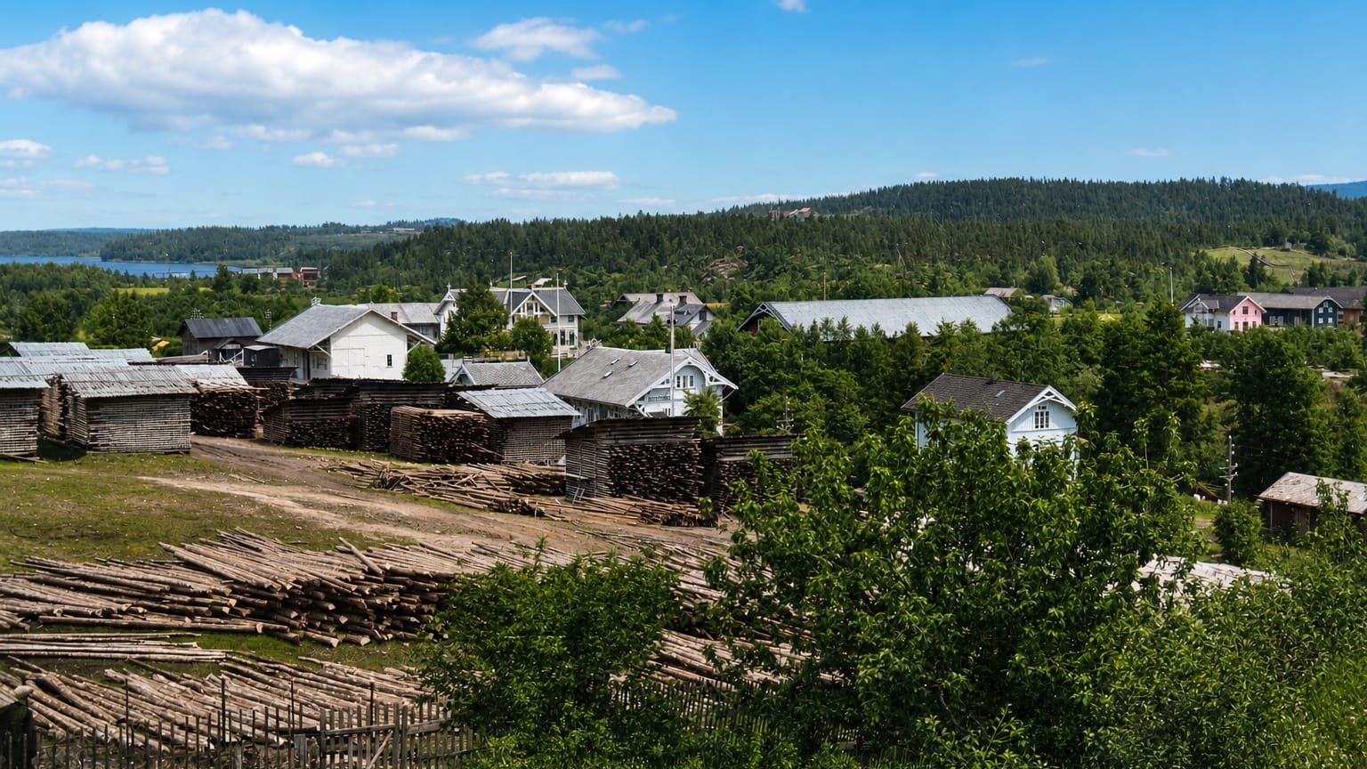 Skotterud village in Eidskog, Norway, with white wooden houses, stacked timber logs and forested hills above a distant lake.
