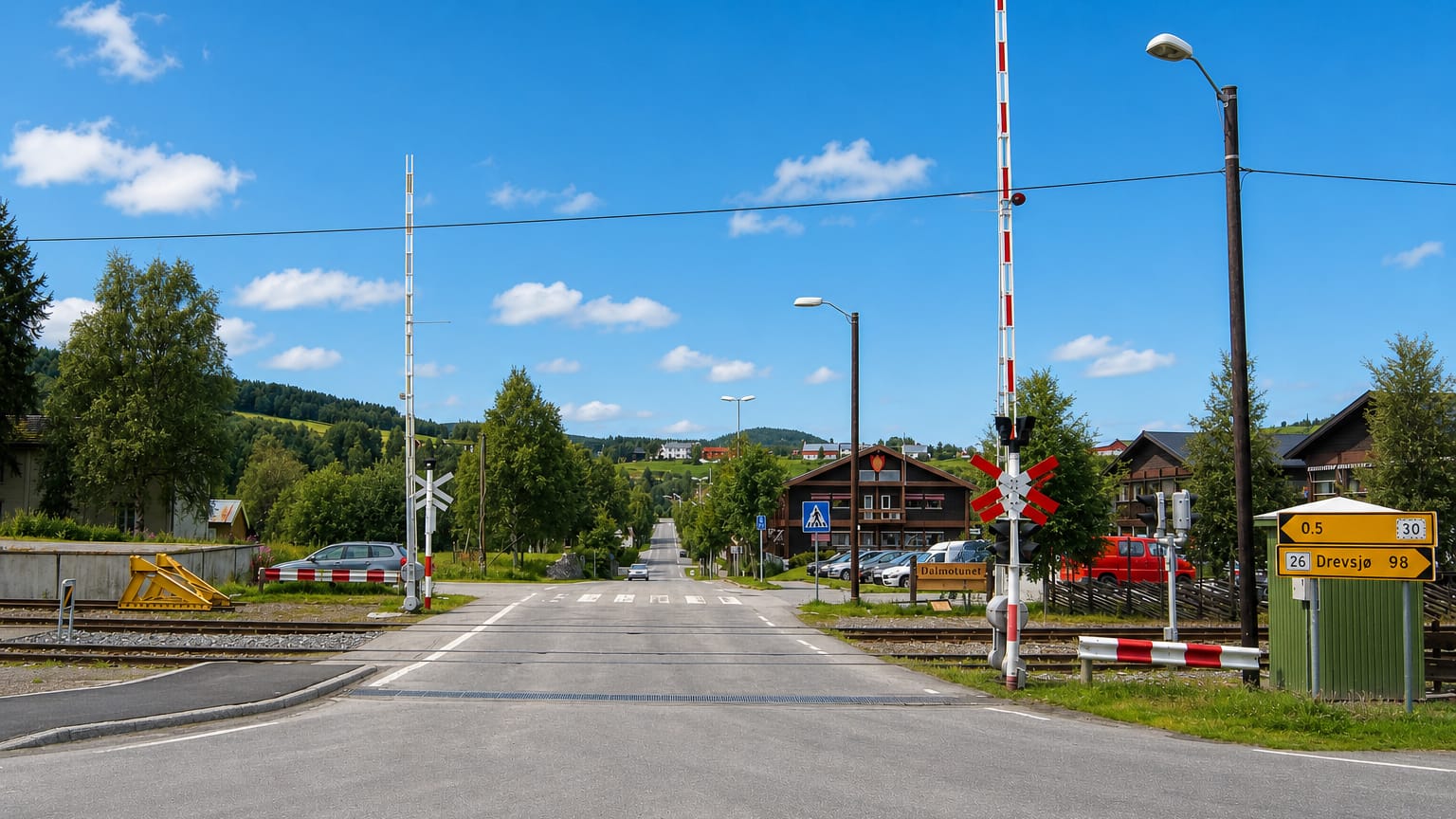 Railway level crossing on the main street of Tolga with road signs toward Drevsjo