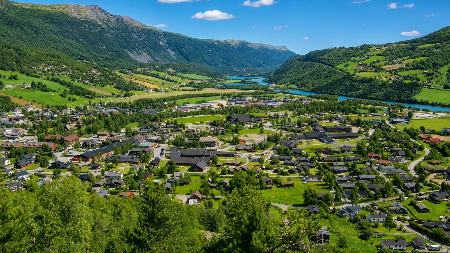 Elevated view of Vagamo village on the green valley floor of Gudbrandsdalen, with the Otta river winding past forested fells in Norway.