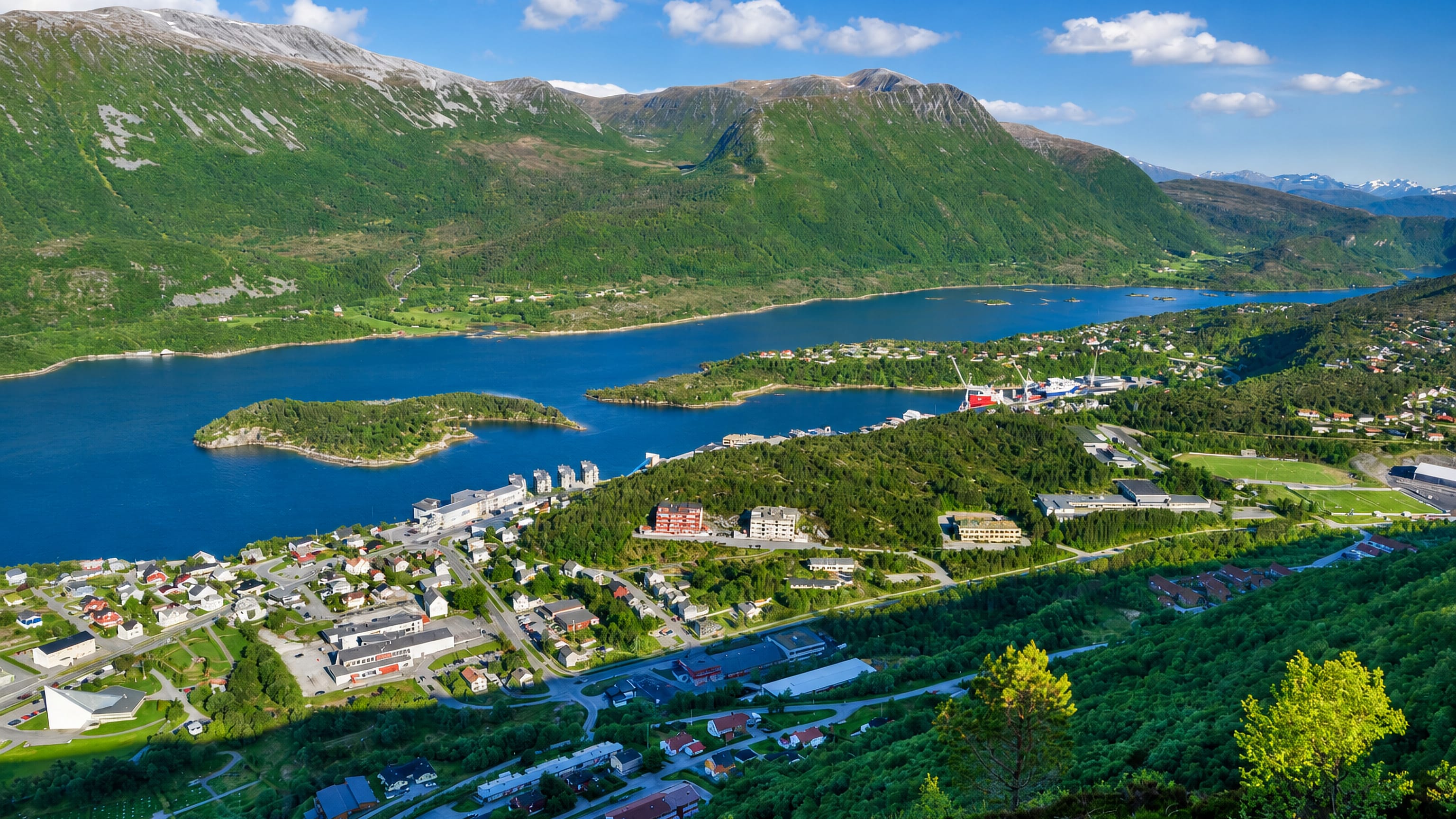 Aerial of Brattvag's fjord-side town and harbor with apartment blocks beneath green mountains, More og Romsdal, Norway