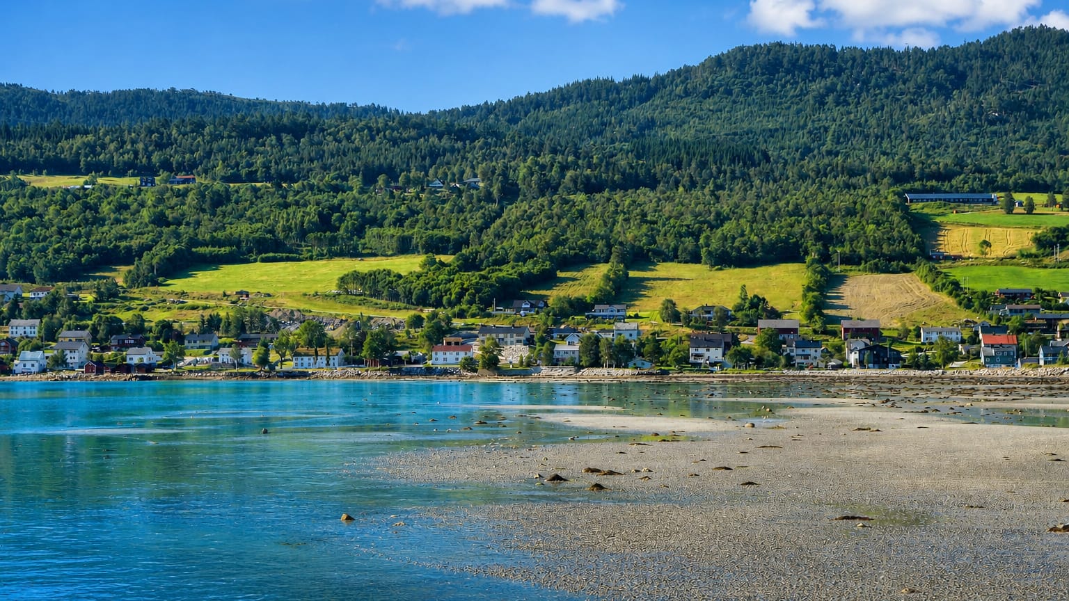 Fjord-side village of Eidsvåg, Norway, scattered houses and green meadows below forested hills by calm turquoise water