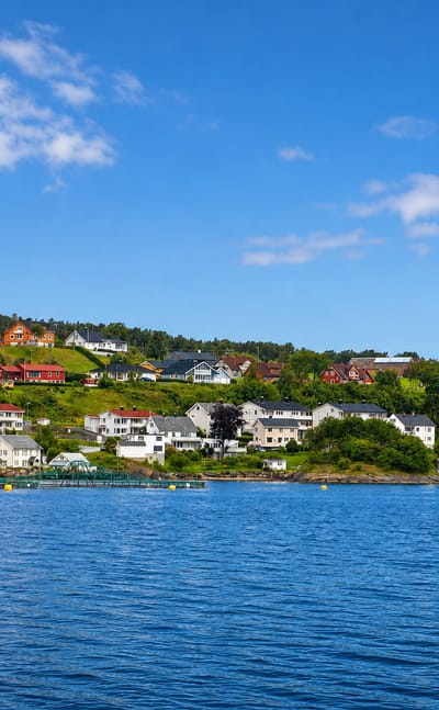 Waterfront village of Falkhytta, Norway, white and red houses on a green hillside above a calm blue fjord.