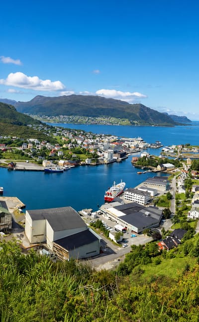 Elevated view of Fosnavåg's harbour and waterfront buildings along a blue fjord, framed by green forested hills, Norway