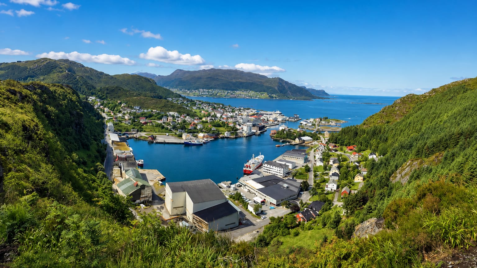 Elevated view of Fosnavåg's harbour and waterfront buildings along a blue fjord, framed by green forested hills, Norway