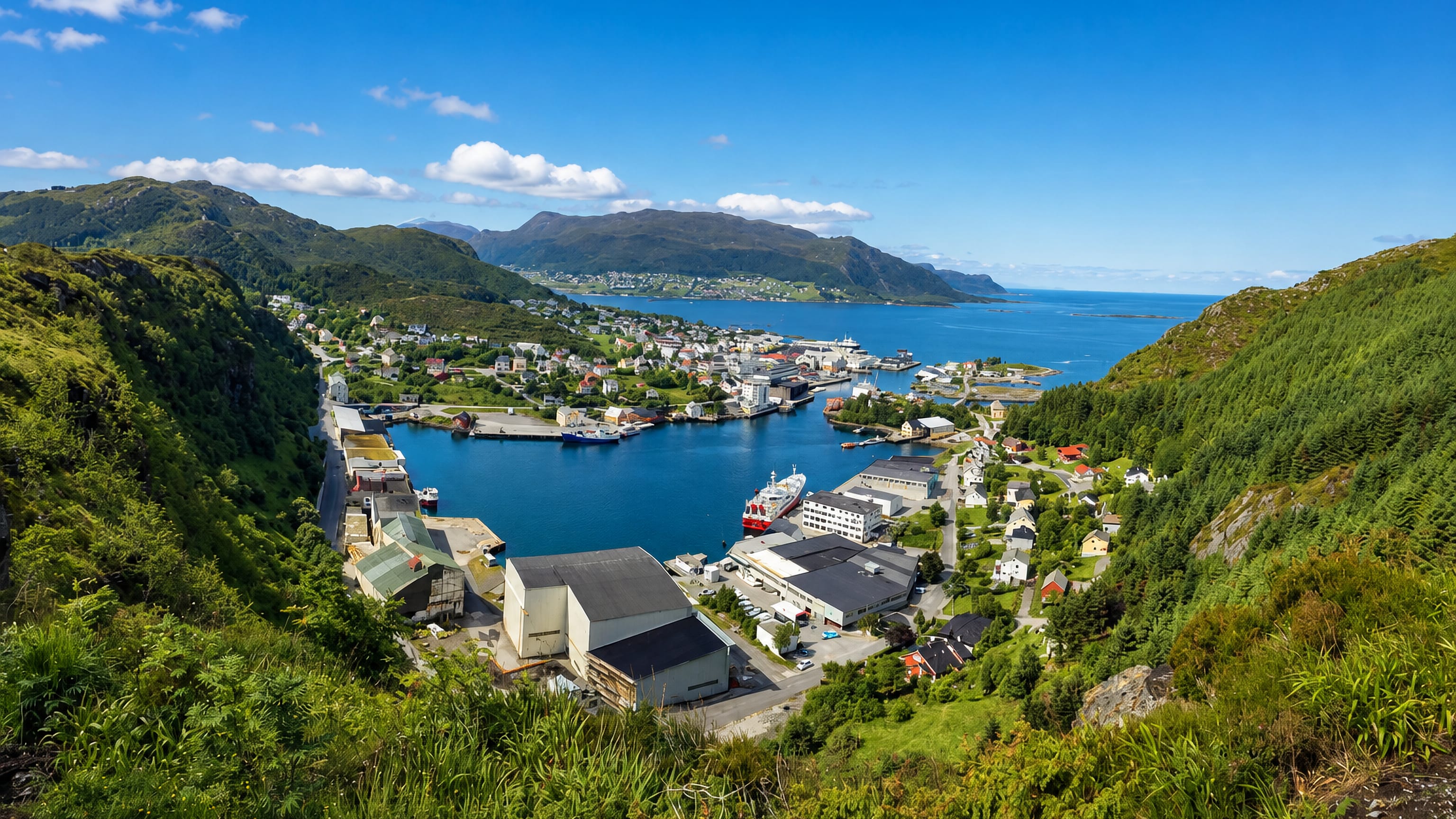 Elevated view of Fosnavåg's harbour and waterfront buildings along a blue fjord, framed by green forested hills, Norway