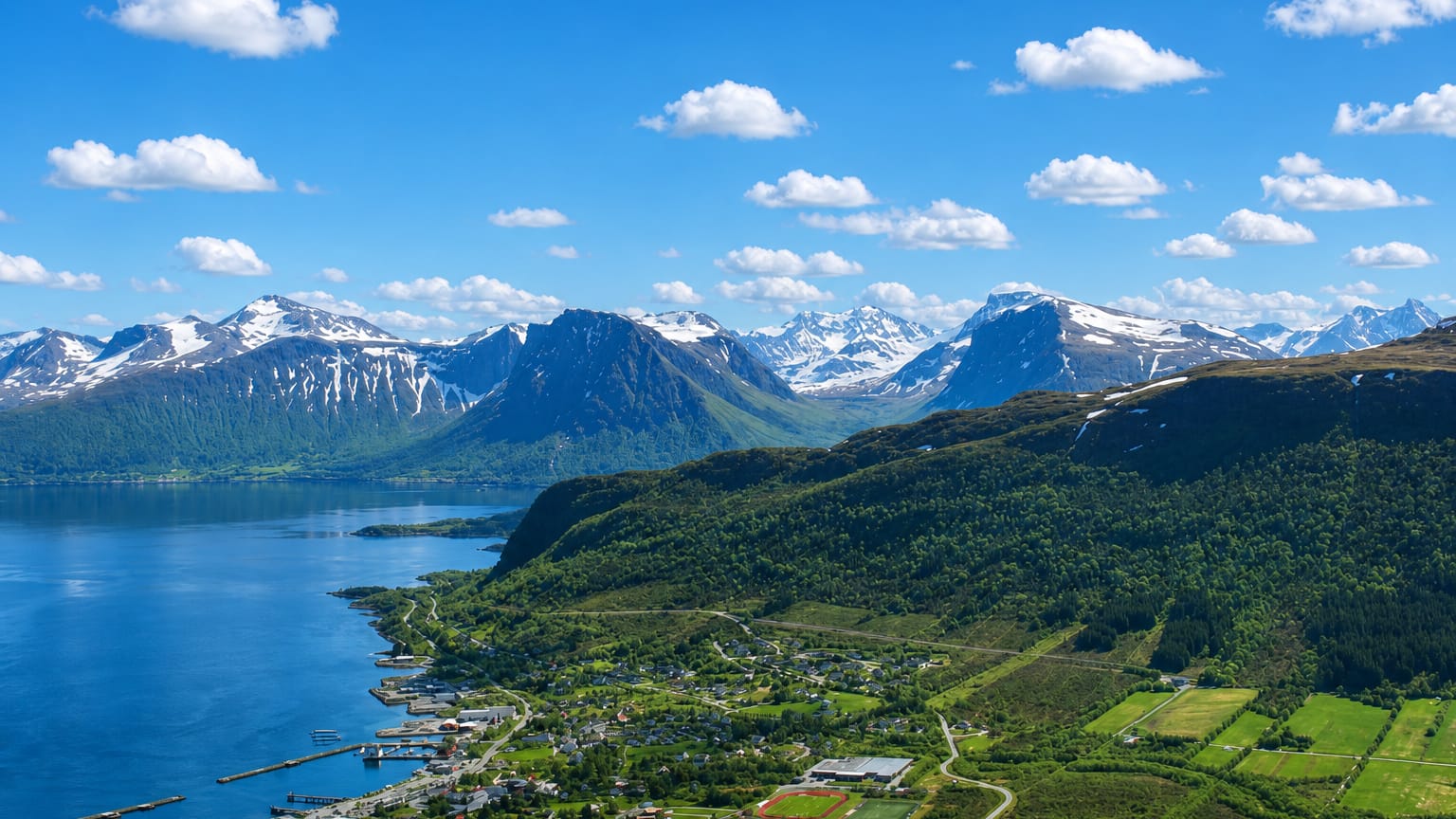 The coastal town of Hareid beside its fjord with snow-capped Sunnmøre mountains rising behind, Norway.