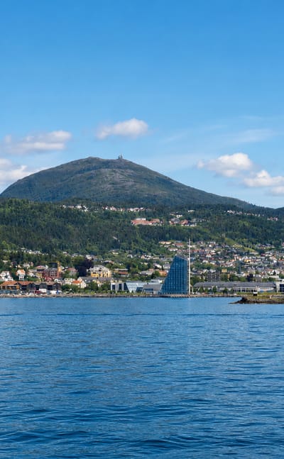 Molde's waterfront beneath a forested mountain across the Romsdalsfjord with a cruise ship at the pier