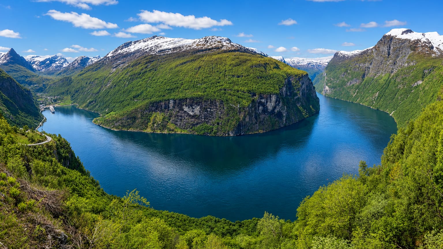 Snow-capped mountains rising above a deep blue fjord in the Stranda district of Norway