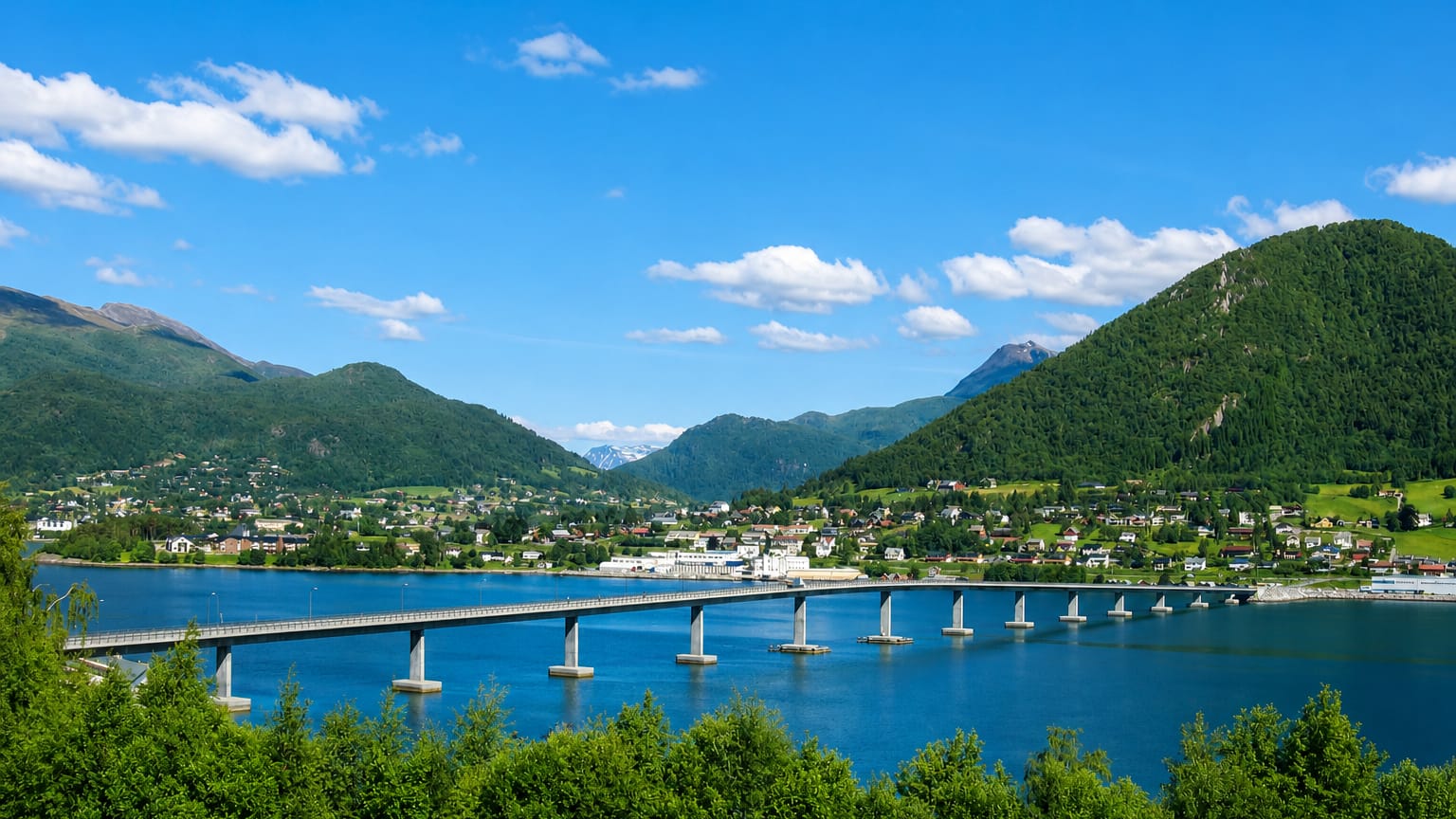 The Sykkylven bridge spanning the fjord to the waterfront village below green mountains