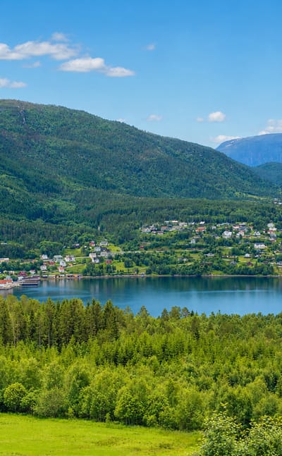 Small settlement of Tingvoll, Norway, spread along the forested shore of the Tingvollfjord beneath green mountains.
