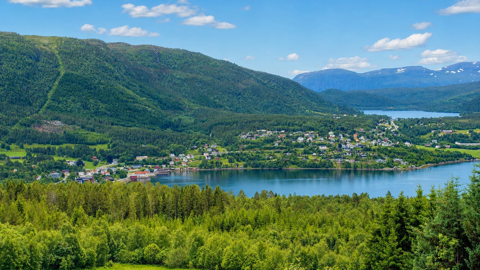 Small settlement of Tingvoll, Norway, spread along the forested shore of the Tingvollfjord beneath green mountains.