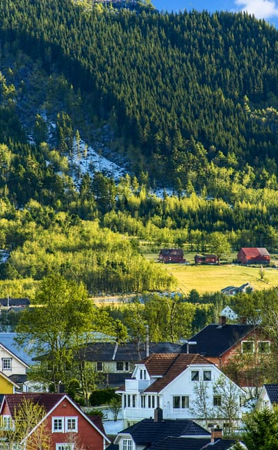 Colorful wooden houses in Vestnes, Norway, set below a steep forested mountainside with farm meadows under a blue sky.