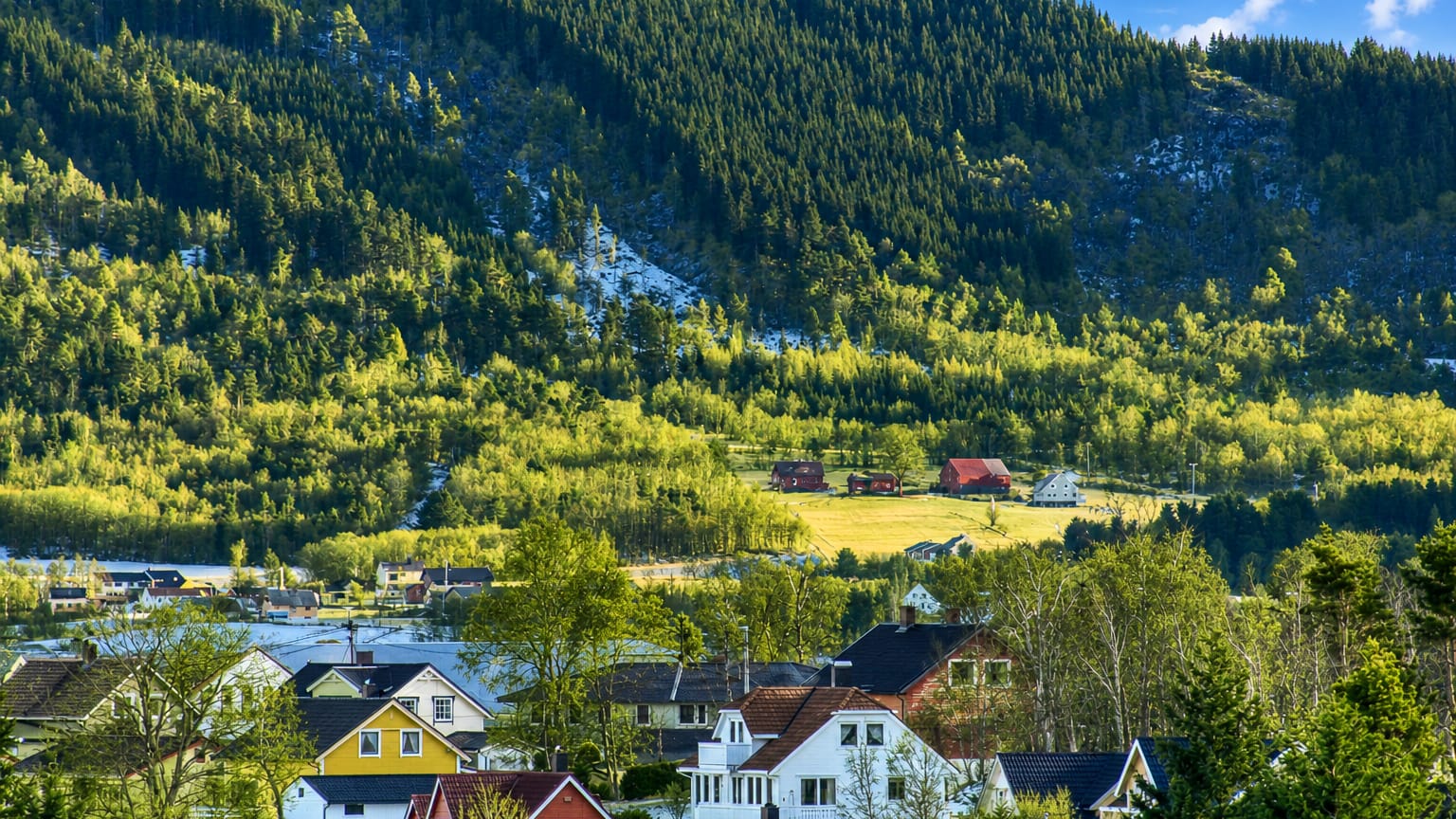 Colorful wooden houses in Vestnes, Norway, set below a steep forested mountainside with farm meadows under a blue sky.