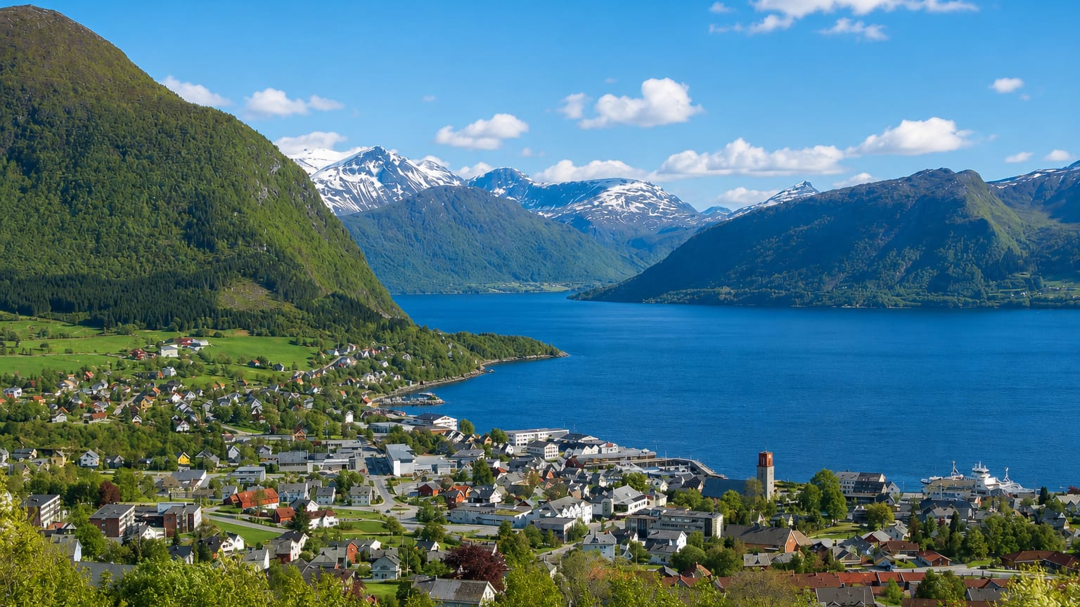 Volda, Norway, spread along a fjord shore below snow-capped Sunnmore peaks with a church tower and ferry quay.