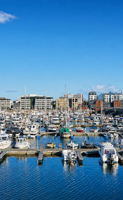 Bodo marina full of boats with the modern waterfront and distant mountains behind