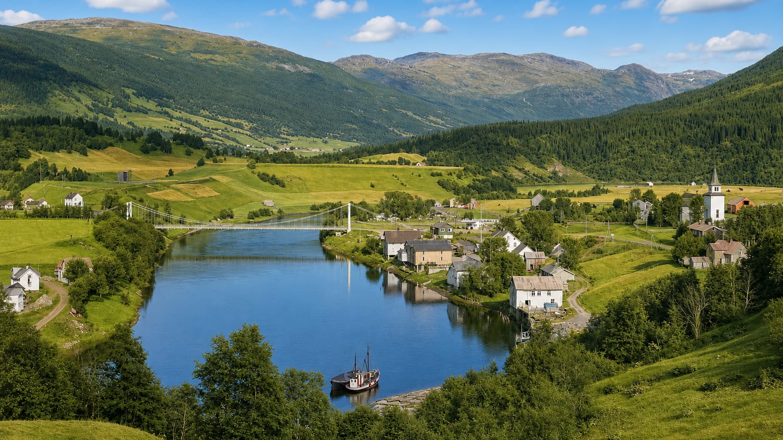 Korgen village along a river in a green Nordland valley, with a white church, a cable bridge and forested mountains.