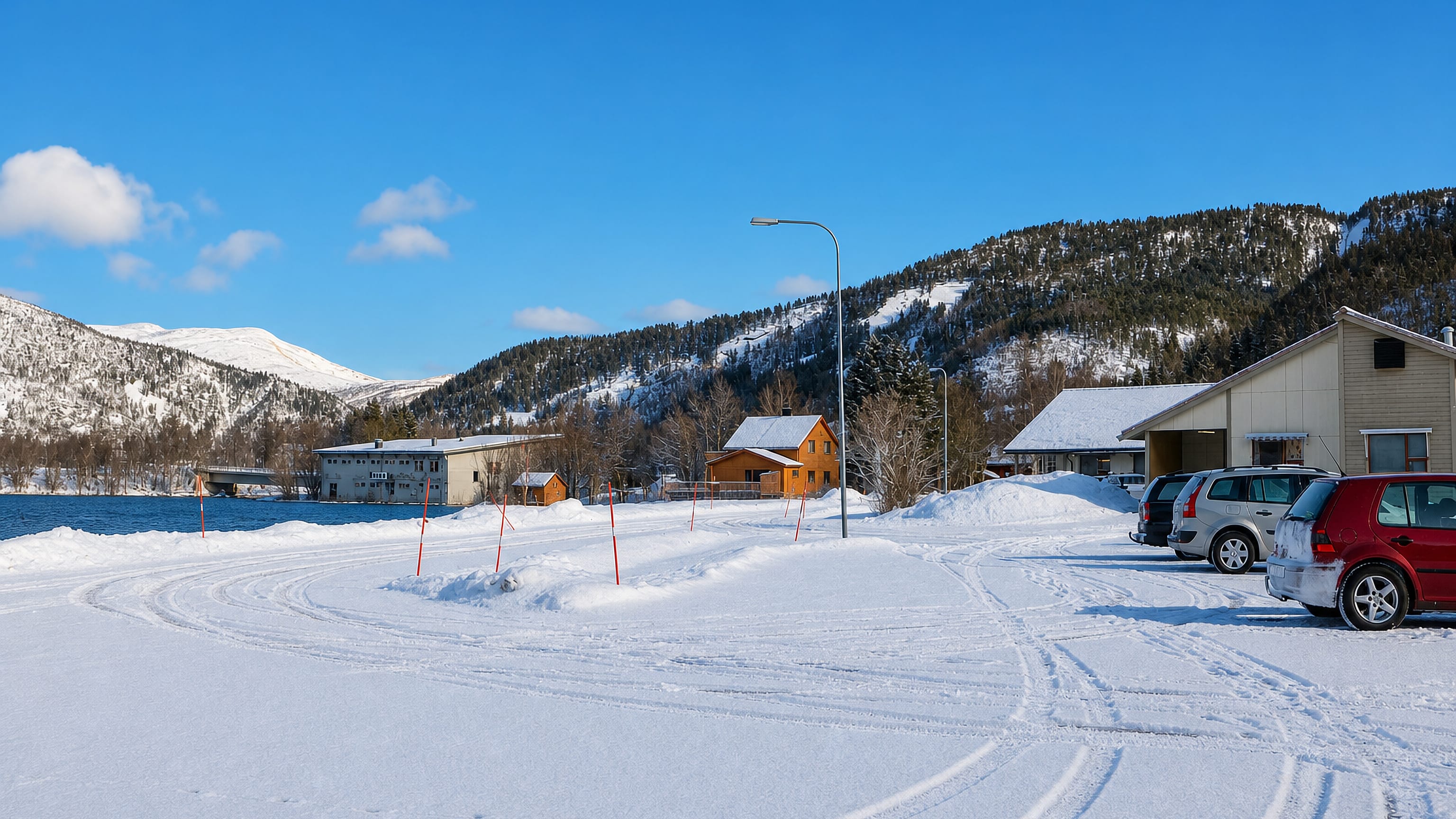 Snow-covered Moldjord beside its fjord in Nordland, with timber houses below forested mountains.