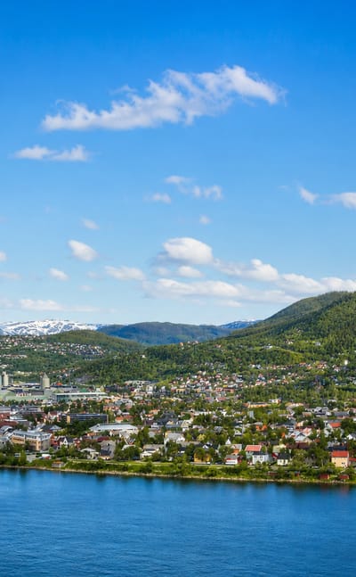 Mosjøen spread along its fjord with a waterside industrial plant, a road bridge and snow-capped mountains beyond