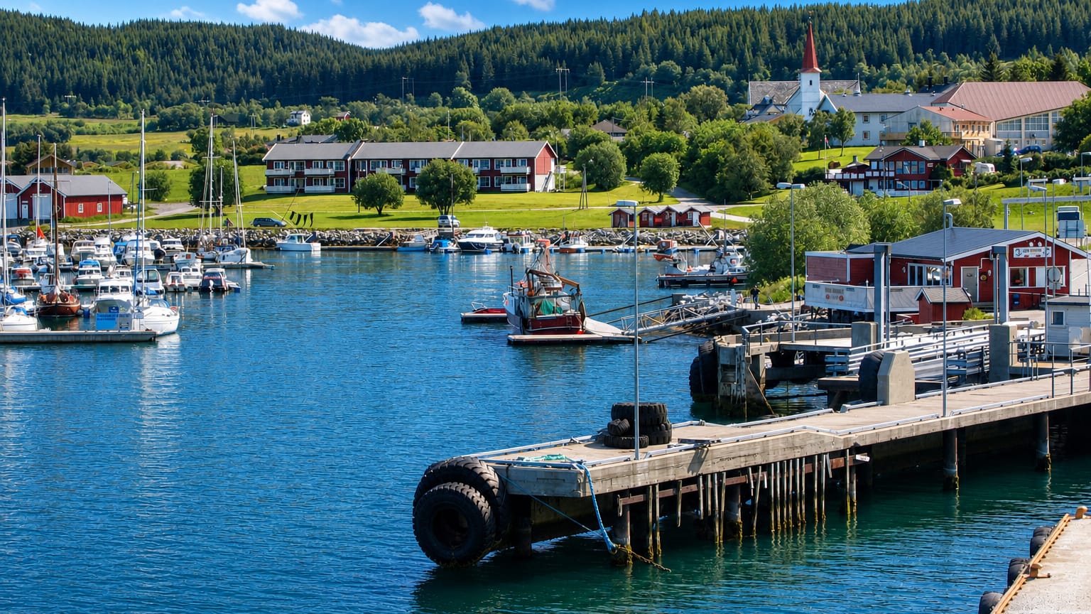 Nesna harbour with moored sailboats and fishing boats, a quay, and the white hillside church above forested Helgeland hills.