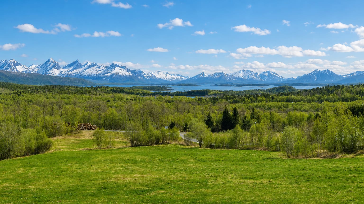 Green meadows and birch forest below snow-capped peaks and a fjord in the landscape around Oppeid, Nordland.