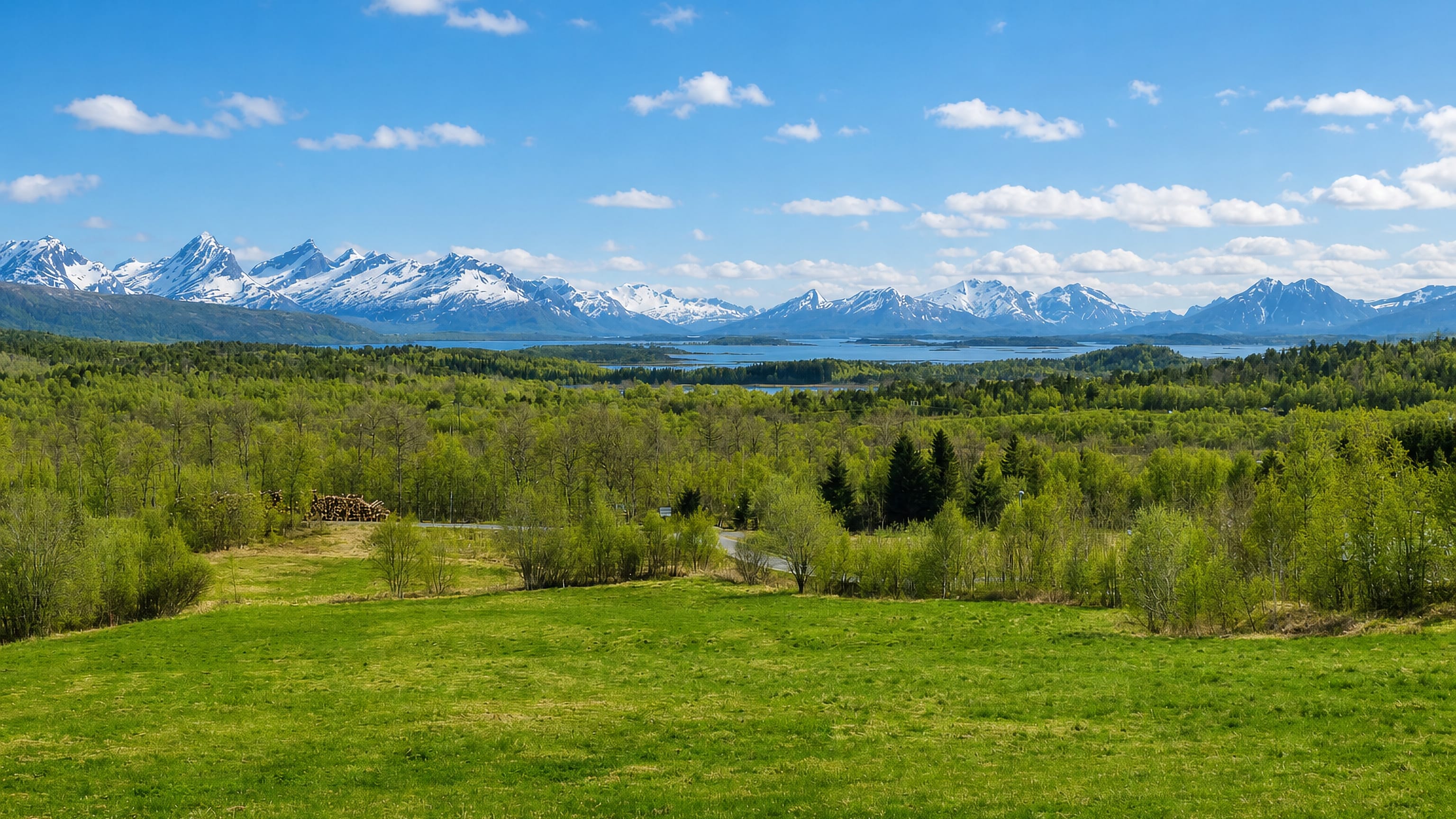 Green meadows and birch forest below snow-capped peaks and a fjord in the landscape around Oppeid, Nordland.
